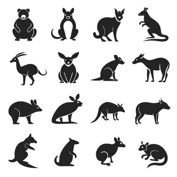 Collection of stylized black silhouette kangaroo and wallaby icons