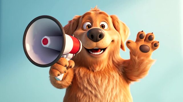 Cartoon Dog Holding Megaphone and Waving.