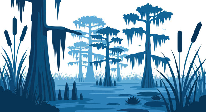 Misty Blue Cypress Swamp Landscape with Spanish Moss and Cattails