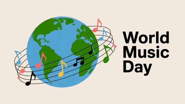 Vibrant world music day illustration with globe and colorful musical notes on cream background