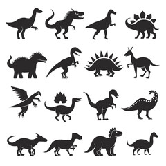 Collection of various dinosaur silhouettes isolated on white background © Xihan