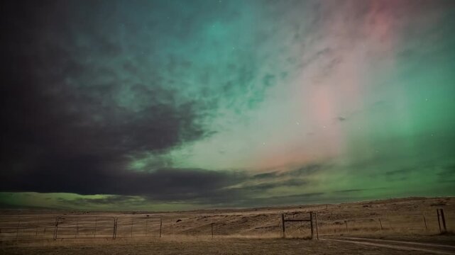Green and pink northern lights glowing through moving clouds above a fence and corral on the plains, Montana, time lapse