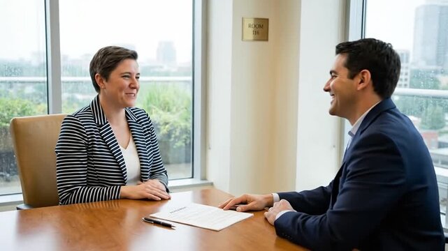 Positive Business Meeting: Smiling Professionals Discuss Work in a Bright Modern Office Setting with City Views.