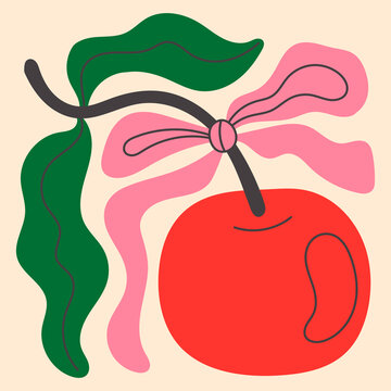 Abstract Cherry Bow Artwork. Bold scarlet berry tied with delicate blush ribbon and surrounded by bending foliage shapes. Decorative curving composition with flat colorful forms