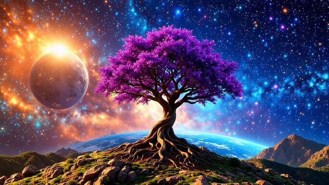 Purple tree in cosmic landscape