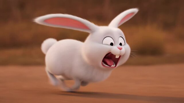 Animated scared white rabbit running away in panic with open mouth in outdoor environment for cartoon style kids content