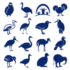 Obraz premium Stylized Blue Bird Icons Collection Against White Background