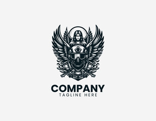 Obraz premium Guardian angel behind modern soldier black vector logo illustration isolated on white background