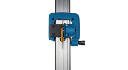 Precision tile cutter with blue handle isolated on white background, showcasing metal components and ergonomic design