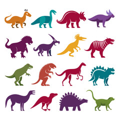 Colorful dinosaur silhouettes illustration showcasing diverse prehistoric creatures © Xihan