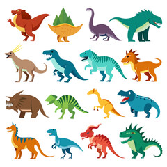 Colorful assortment of cartoon dinosaurs in various poses and colors © Xihan