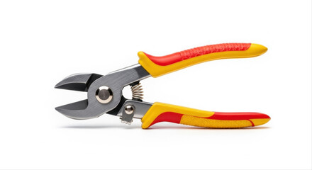 Fototapeta premium Tile cutter with red and yellow handles isolated on white background, showcasing precision blades and ergonomic grip