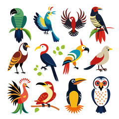 Fototapeta premium Collection of illustrated tropical bird species in a flat style