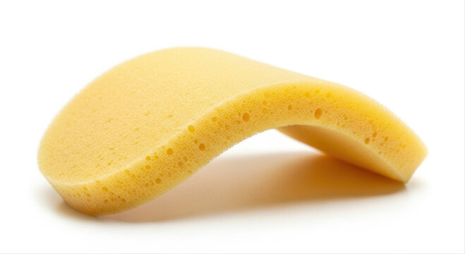 Yellow sponge shaped like a curved disk isolated on a pristine white background, showcasing its textured surface and soft, pliable material