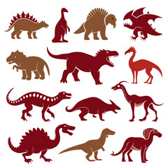 Collection of stylised dinosaurs in shades of brown and red © Xihan
