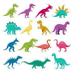 Collection of colorful cartoon dinosaurs in flat vector design © Xihan