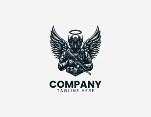 Obraz premium Guardian angel behind modern soldier black vector logo illustration isolated on white background