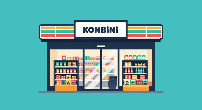 Convenience Store Facade with "KONBINI" Sign - Flat Design