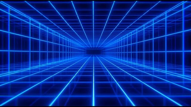 A futuristic grid pattern stretching into the distance with blue neon lines from a low-angle viewpoint