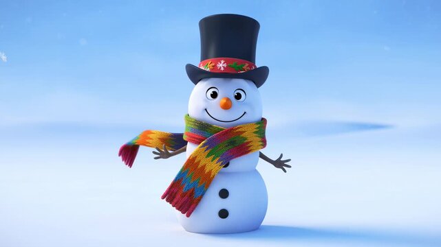 Cheerful snowman animation wearing colorful scarf and top hat in winter scenery holiday celebration cartoon style festive season concept animated background