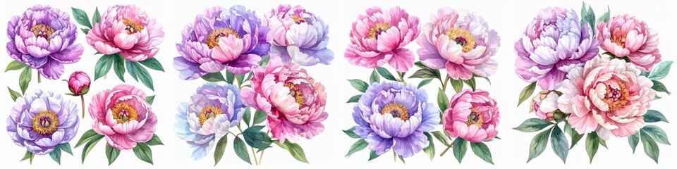 Obraz premium Watercolor pink and purple peony flowers with lush petals and fresh green leaves, romantic botanical floral illustration isolated on clean white background