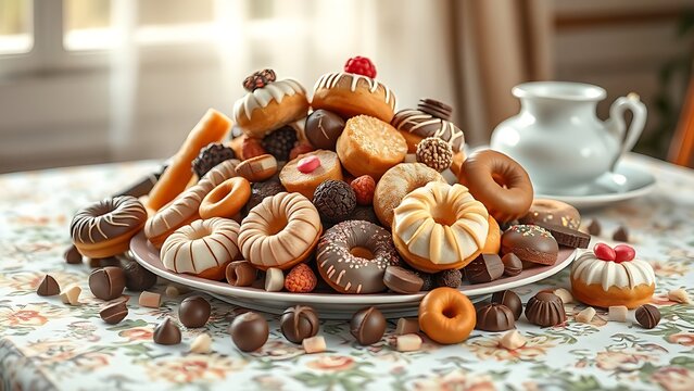 overthrow. A lavish still life of cakes and donuts spilling onto a patterned tablecloth in soft morning light. menu design.