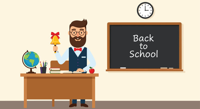 Bearded male teacher sitting at his desk holding a school bell with a blackboard and globe in the background.