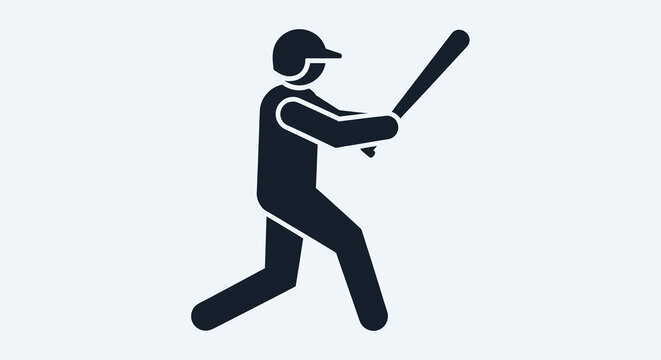 Minimalist baseball player icon swinging a bat. Simple black pictogram on white, perfect for sports apps, websites, and game-related designs.