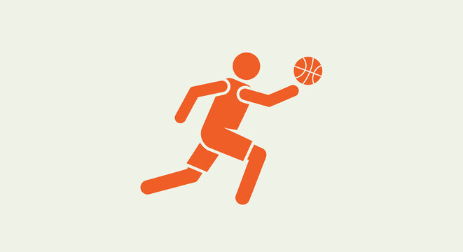 Minimalist orange stick figure illustration of a basketball player dribbling the ball, depicting sport, activity, and recreation on a simple background.