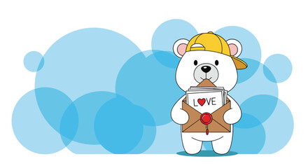 Fototapeta premium Cute polar bear character wearing a yellow cap and holding a brown paper envelope filled with letters of love.