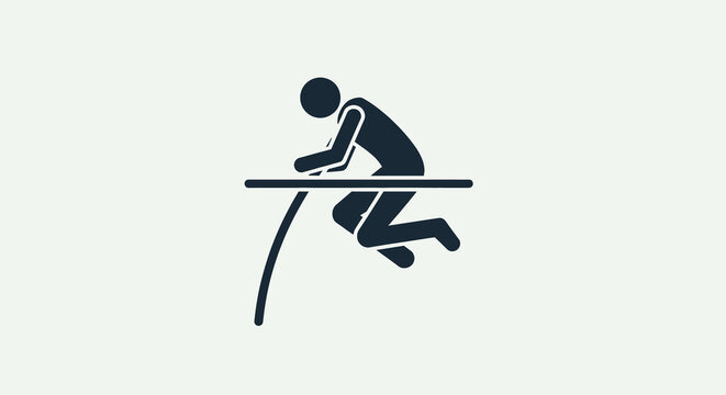 Dynamic stick figure athlete performing a pole vault, illustrating the challenge and triumph of track and field sports. Graphic icon for athletic skill.