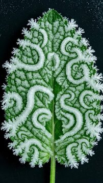 Frost Pattern on Green Leaf Macro Nature Background