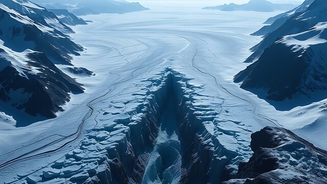 monopole. A vast glacier with a deep, dark crevasse splitting its surface, cold blue and white tones. travel magazines, destination branding, designed for outdoor magazines and nature guides.