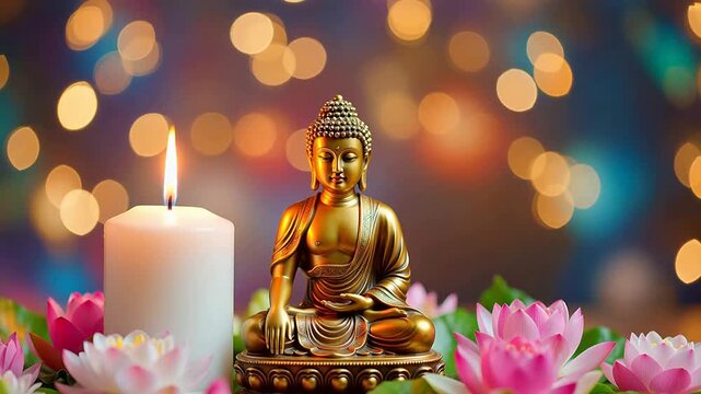 Buddha statue with candle and flowers