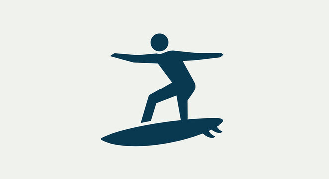 Stylized icon of a person surfing on a surfboard, representing water sports, recreation, and beach activities. Simple vector illustration for web design and mobile apps.
