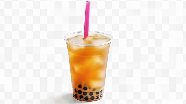 Iced bubble tea with a pink straw, translucent plastic cup, isolated on a white backdrop