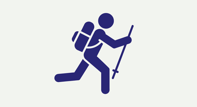 Hiker with backpack and trekking poles in motion