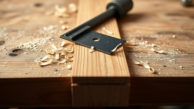 jointer. Close-up of a woodworking blade pressing against a wooden board, creating shavings. safety posters, maintenance manuals, designed for precision metalworking and fabrication facilities.