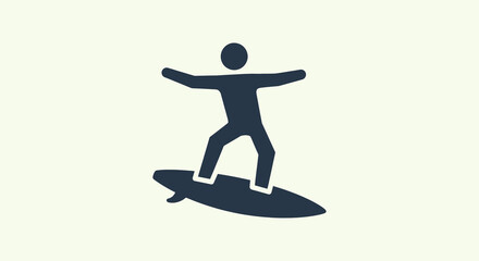 Fototapeta premium Minimalist black silhouette icon of a surfer balancing on a surfboard, representing water sports, beach lifestyle, summer activities, and ocean recreation.