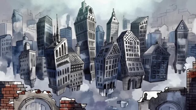 Abandoned cityscape with ruined buildings standing.
