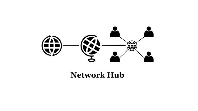 Network hub concept showing global connectivity with central router and multiple users on computers interacting via internet