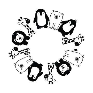 A circle of cute cartoon animals