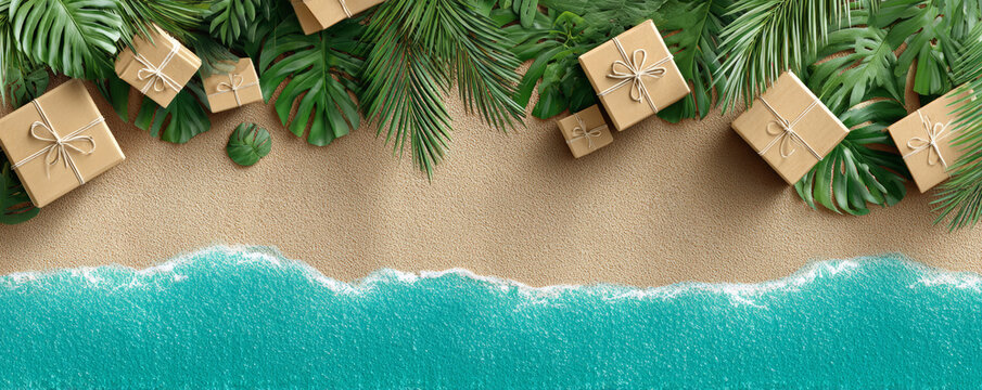 Tropical beach gift box banner leaf border festive holiday background joyful
