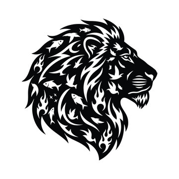 A black and white illustration of a lion's head with a fierce expression