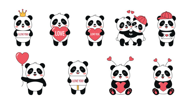 Collection of adorable panda bear characters includes various poses with red hearts and signs that express love and affection for valentine.