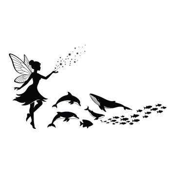 Fairy releasing magic dust with dolphins