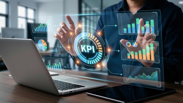 Digital employee analyzing KPI data and performance review on laptop and tablet to improve productivity and business results with clear insights and measurable goals in digital workspace