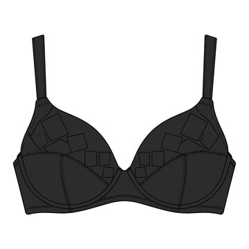 Black underwire bra with geometric patterns, isolated on a white background, showcasing stylish design and detailed stitching