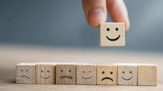A person stacking wooden blocks, each featuring a smiley face, on a flat surface.