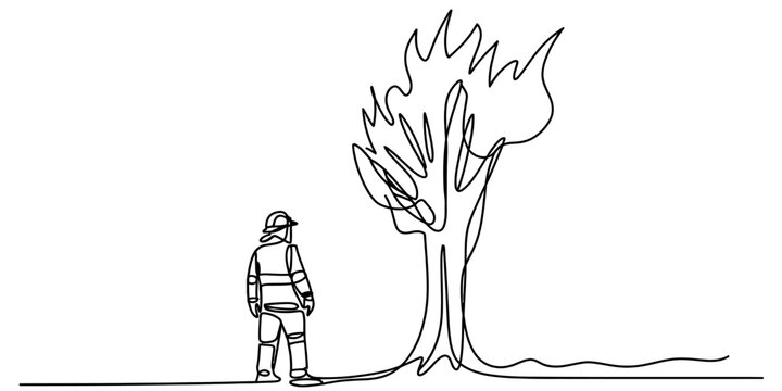 Minimal one line drawing firefighter watching burning tree emergency concept